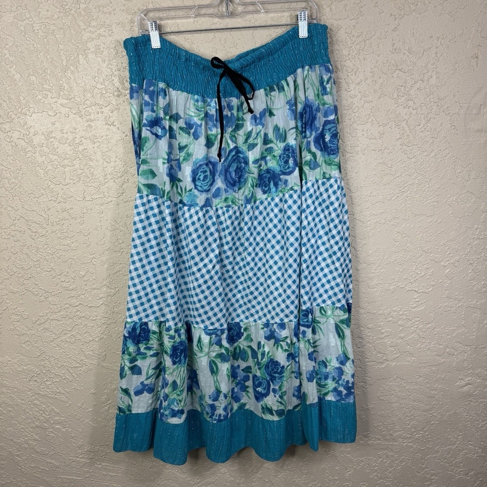 Tiered Boho Peasant Skirt Blue Green Mixed Print Size 1X Floral Gingham Cottage